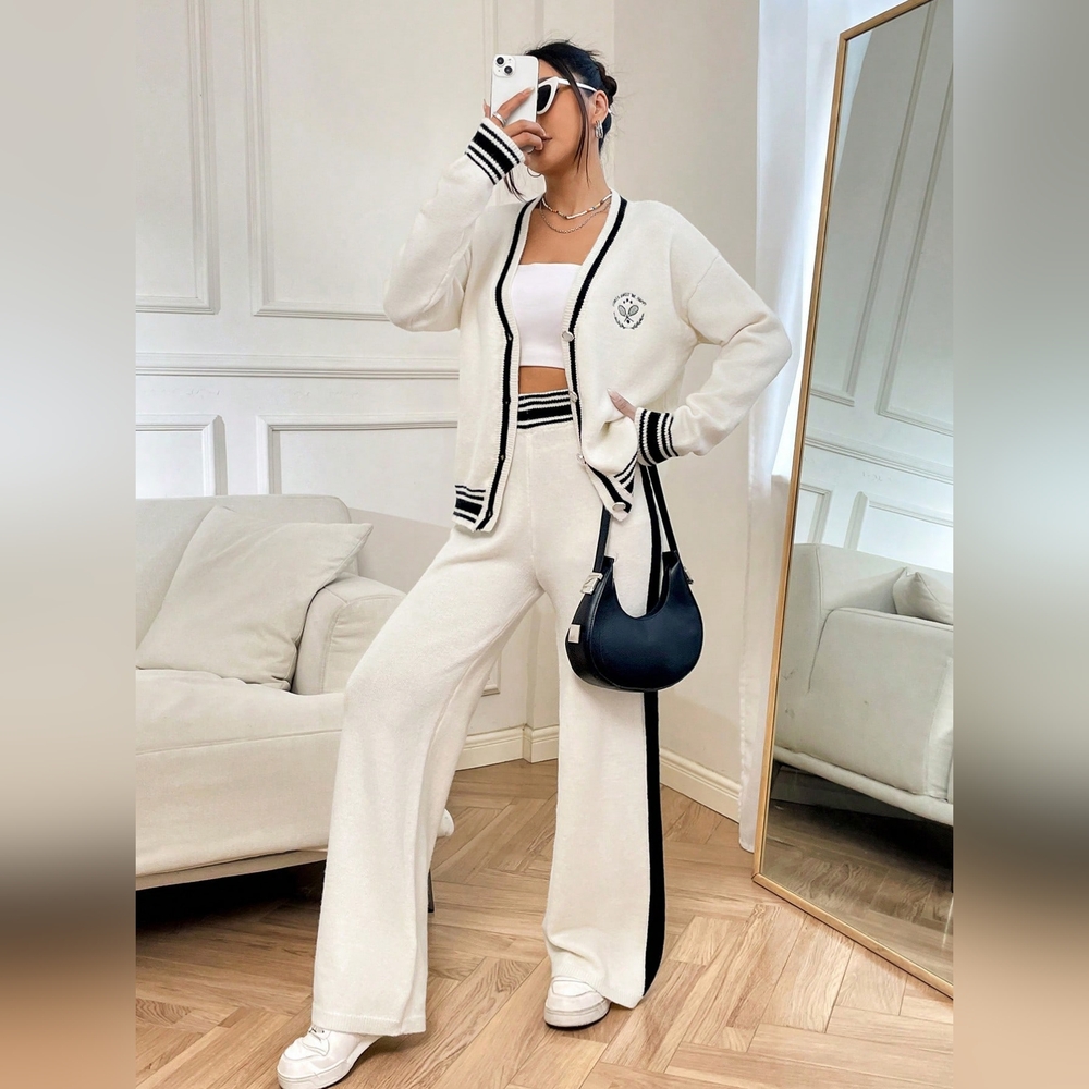 Letter Pattern Striped Trim Drop Shoulder Cardigan & Knit Pants - Picture 1 of 6